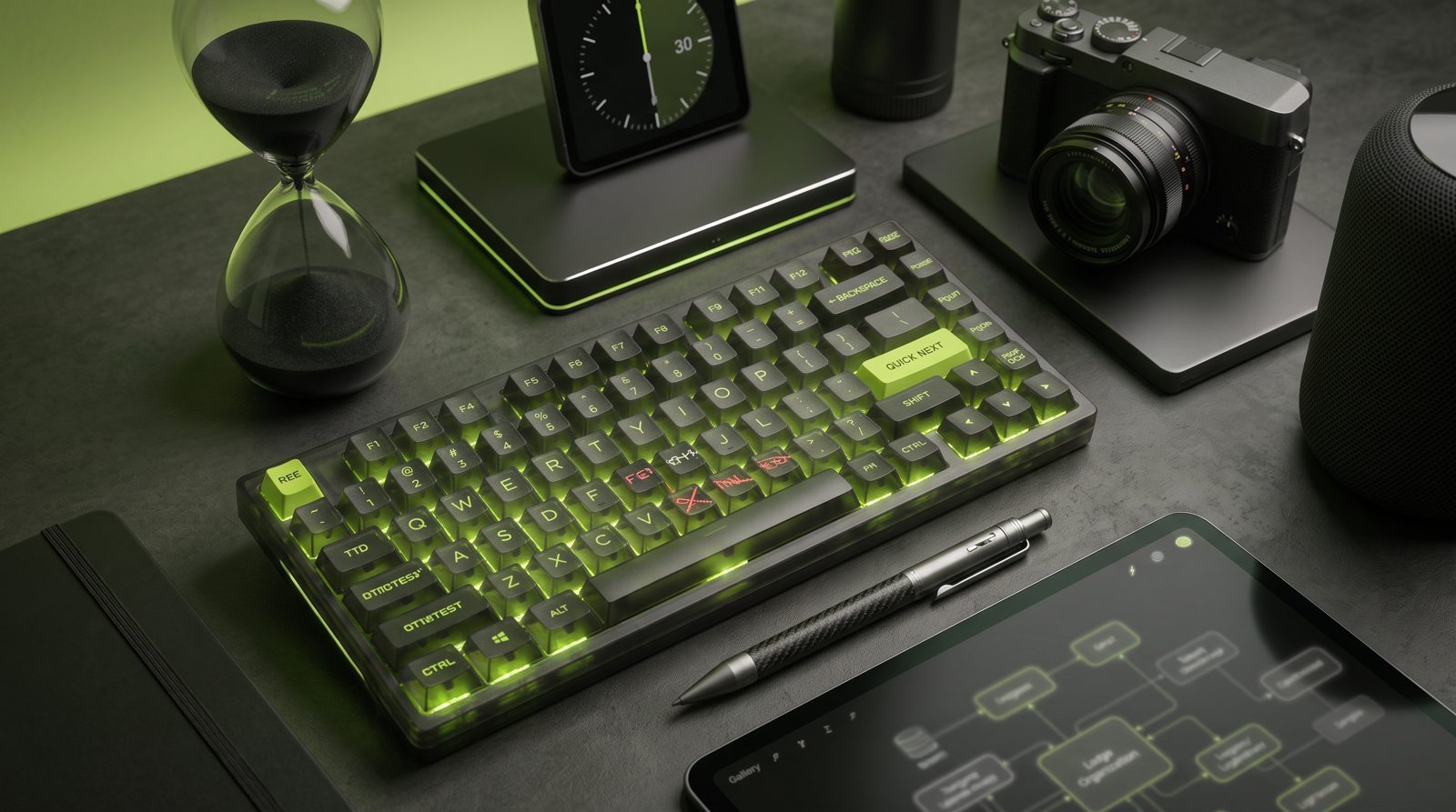 Backlit mechanical keyboard on a desk, representing the tools of legal engineering work